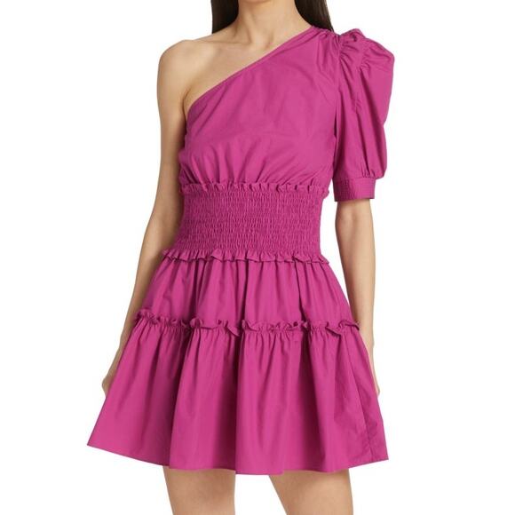 En Saison Celia Pink One Shoulder Puff Sleeve Smocked Mini Dress Size Medium - Picture 1 of 11